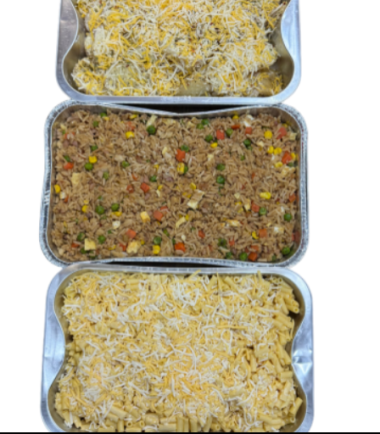 fried rice, potato bake and mac n cheese bake