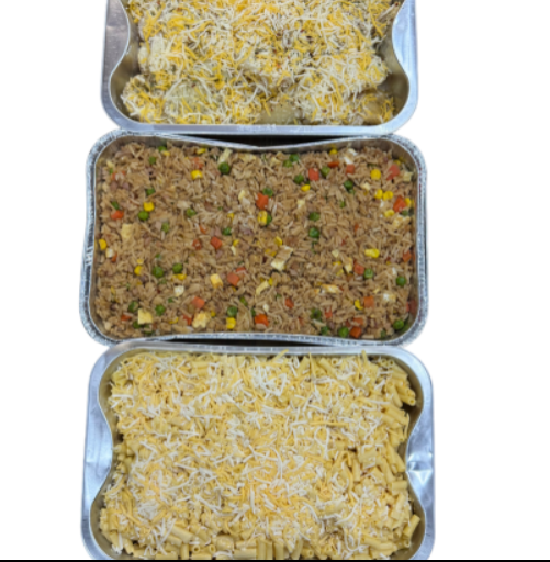 fried rice, potato bake and mac n cheese bake