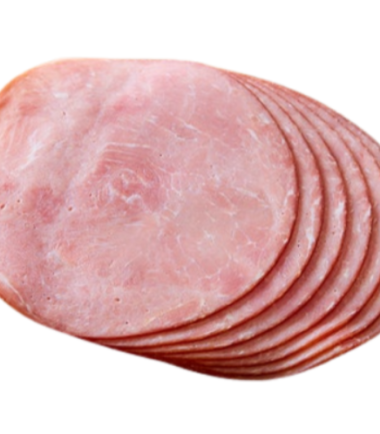 Sliced Ham 1kg, freshly sliced ham shown in a stack, perfect for sandwiches and everyday meals.