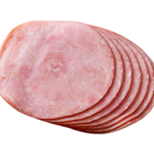 Sliced Ham 1kg, freshly sliced ham shown in a stack, perfect for sandwiches and everyday meals.